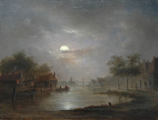Bernardus Hagedoorn (Toegeschreven aan) | Rivierlandschap bij maanlicht, olieverf op paneel, 16,2 x 21,4 cm