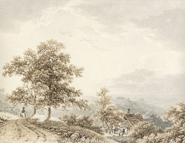 Barend Cornelis Koekkoek | Reiziger te paard in heuvelachtig landschap, sepia en gewassen inkt op papier, 21,2 x 27,4 cm, gesigneerd l.o. en te dateren ca. 1833-1840