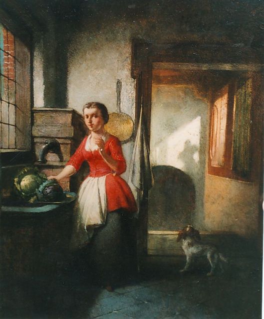 Hendricus Johannes Scheeres | 't Dienstmeisje in de bijkeuken met de rode kool, olieverf op paneel, 18,2 x 14,8 cm, gesigneerd r.b.