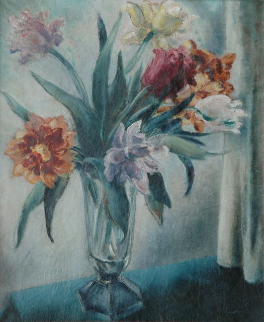Mommie Schwarz | Tulpen in glazen vaas, olieverf op doek, 55,0 x 46,1 cm, gesigneerd r.o.