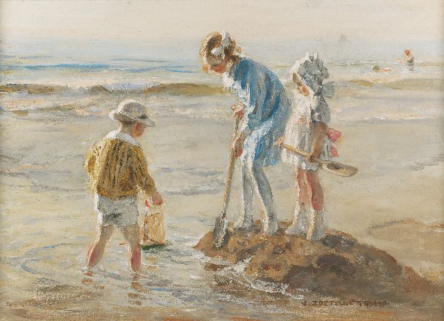 Jan Zoetelief Tromp | Spelend op het Katwijkse strand, olieverf op doek, 40,5 x 56,5 cm, gesigneerd r.o. en verkocht