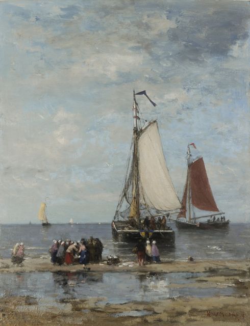 Hendrik Willem Mesdag | Bomschuiten en vissersvolk op het strand, olieverf op paneel, 51,2 x 39,7 cm, gesigneerd r.o.