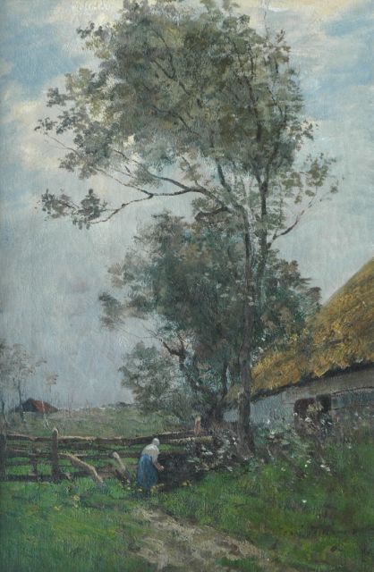 Jozef Neuhuys | Boerin aan het werk, olieverf op doek, 48,6 x 32,1 cm, gesigneerd r.o.