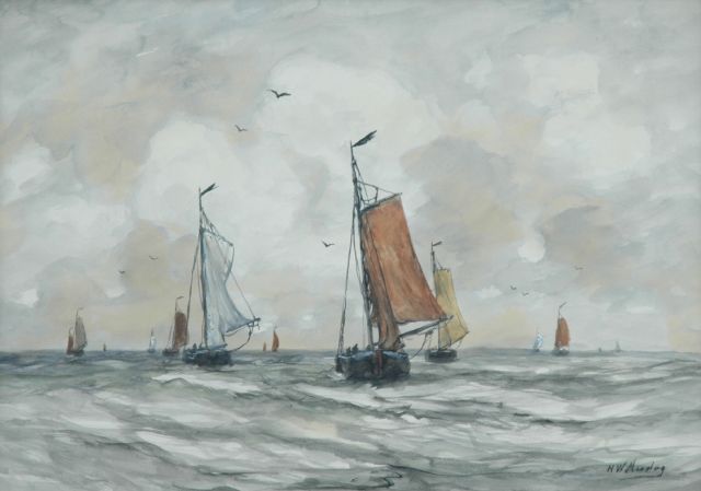 Hendrik Willem Mesdag | Bomschuiten op zee op een heldere dag, aquarel op papier, 40,5 x 56,5 cm, gesigneerd r.o.
