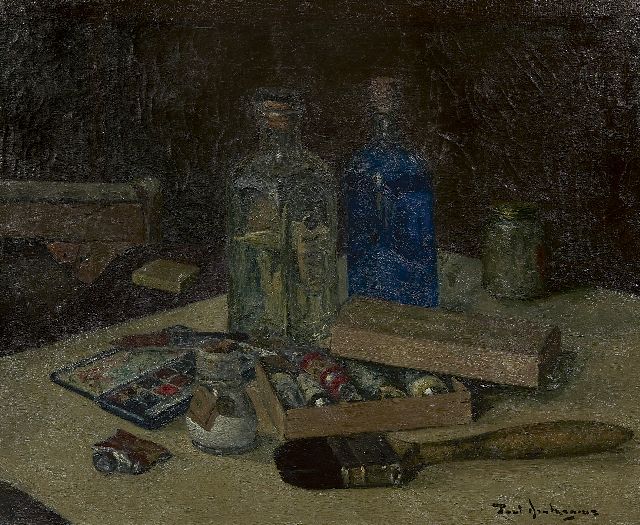 Paul Arntzenius | Stilleven met schildersgerei, olieverf op doek, 35,1 x 42,8 cm, gesigneerd r.o. en op spieraam gedateerd 1943