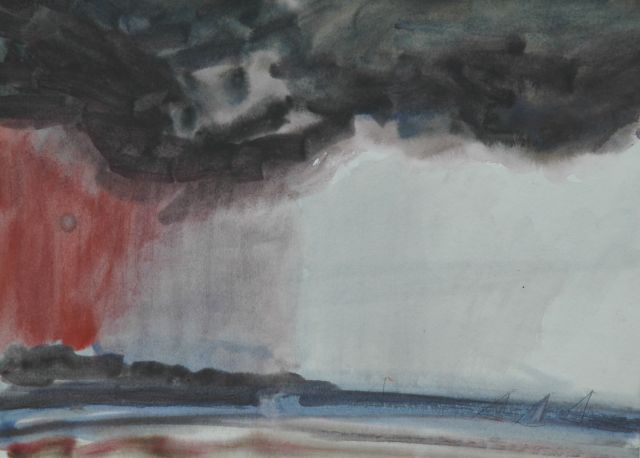 Jacques Slegers | Bootjes bij wolkbreuk, aquarel op papier, 28,2 x 38,5 cm, gesigneerd l.b.