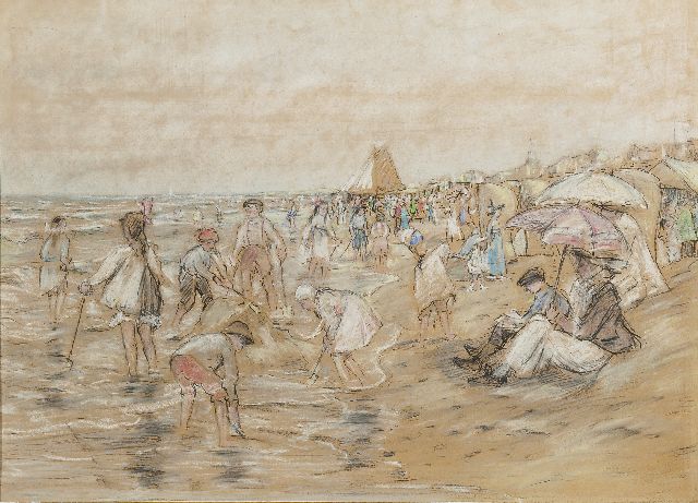 Jan Antonius van Schooten | Zomers strandtafereel in Katwijk, met rechts de vrouw en zoon van de schilder, houtskool, conté en pastel op papier, 44,8 x 58,2 cm, te dateren 1916