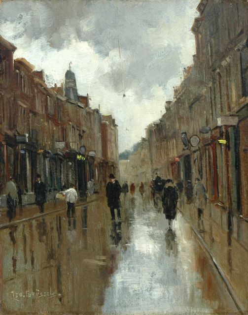 Grijseels L.  | De Tweede Wagenstraat, Den Haag, bij regenachtig weer, olieverf op board 29,7 x 23,5 cm, gesigneerd l.o.