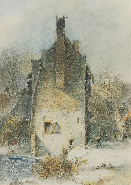 Andreas Schelfhout | Winters dorpsgezicht, pen, bruine inkt en aquarel op papier, 37,9 x 27,0 cm