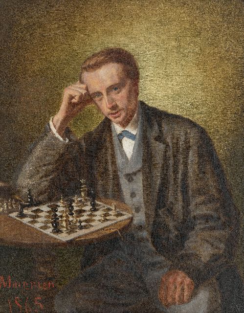 Maignien   | De schaker (schaak), olieverf op doek op paneel 30,5 x 24,2 cm, gesigneerd l.o. en gedateerd 1865