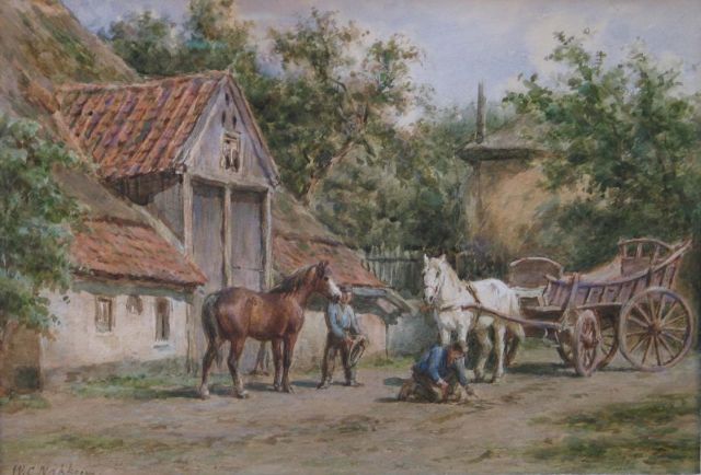 Willem Carel Nakken | Het aanspannen van de paarden, aquarel op papier, 28,3 x 39,2 cm, gesigneerd l.o.