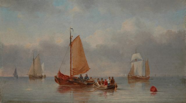 Carl Eduard Ahrendts | Platbodems op rustige zee, olieverf op paneel, 13,9 x 24,6 cm
