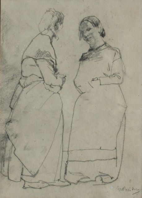 George Hendrik Breitner | Twee dienstbodes in gesprek, zwart krijt op papier, 23,5 x 16,5 cm, gesigneerd r.o.