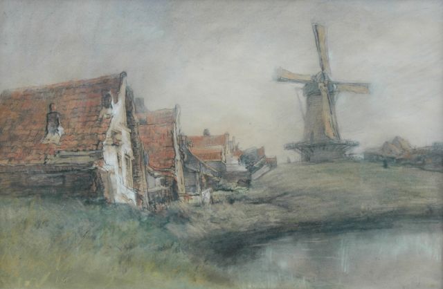 Jan Hillebrand Wijsmuller | Huizen en molen in Hollands landschap, gekleurd krijt op papier, 40,0 x 59,0 cm, gesigneerd r.o.