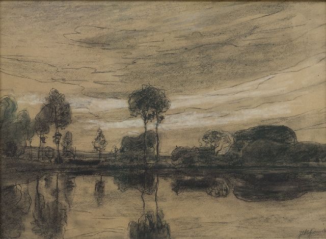 Jan Hillebrand Wijsmuller | Bomen langs het water, zwart krijt op papier, 42,0 x 57,0 cm, gesigneerd r.o.