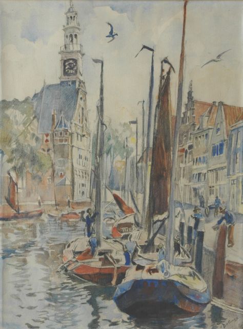 Erasmus Bernhard von Dülmen Krumpelmann | Vissersschepen in de haven van Hoorn, zwart krijt en aquarel op papier, 75,8 x 57,0 cm, gesigneerd r.o.
