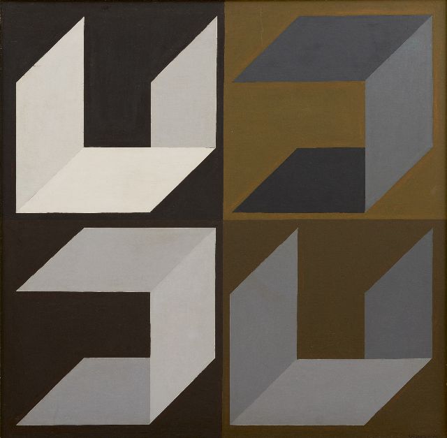 Theo Stiphout | Kompositie III, olieverf op schildersboard, 59,5 x 59,6 cm, gesigneerd r.o. en gedateerd '74