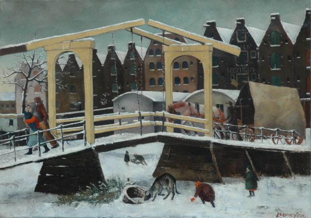 Jan Groenestein | Winter op het Prinseneiland, Amsterdam, olieverf op doek, 50,3 x 70,8 cm, gesigneerd r.o.