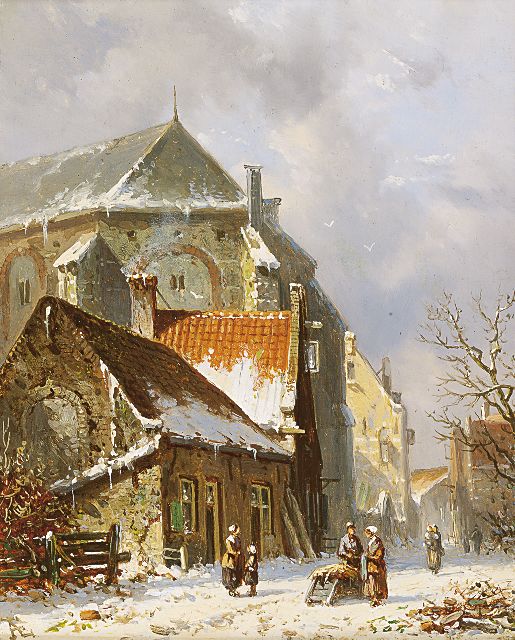 Adrianus Eversen | Figuren in een met sneeuw bedekt straatje, olieverf op paneel, 19,1 x 15,2 cm, gesigneerd l.o. met monogram
