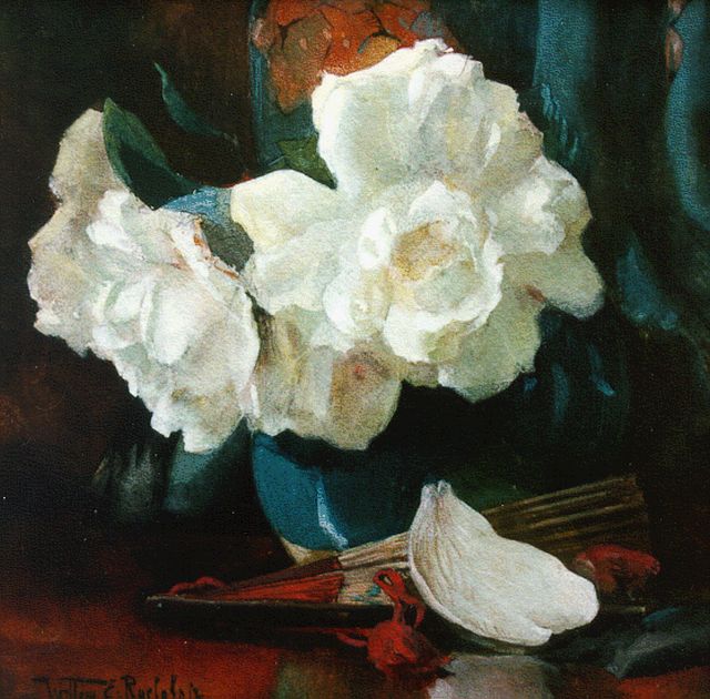 Willem Elisa Roelofs jr. | Stilleven met witte rozen, aquarel op papier, 24,9 x 25,5 cm, gesigneerd l.o.