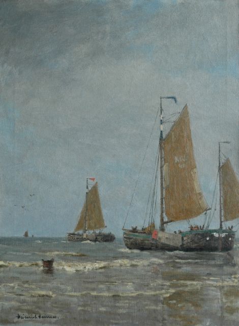Heimes H.  | Uitvarende vissersschepen bij Katwijk, olieverf op doek 80,1 x 60,1 cm, gesigneerd l.o.