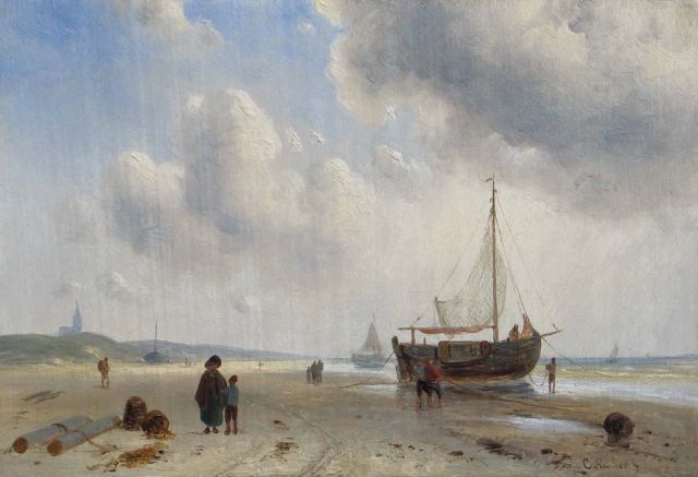Charles Leickert | Bomschuiten en vissers op het strand van Scheveningen, olieverf op paneel, 15,8 x 23,2 cm, gesigneerd r.o.