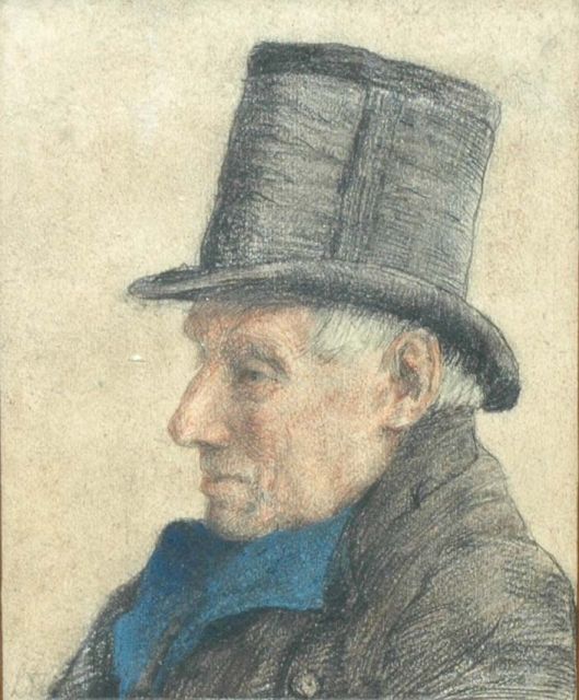Louise Fritzlin | Portret van een man met hoge hoed, zwart en gekleurd krijt op papier, 17,0 x 13,2 cm, gesigneerd l.o. met initialen