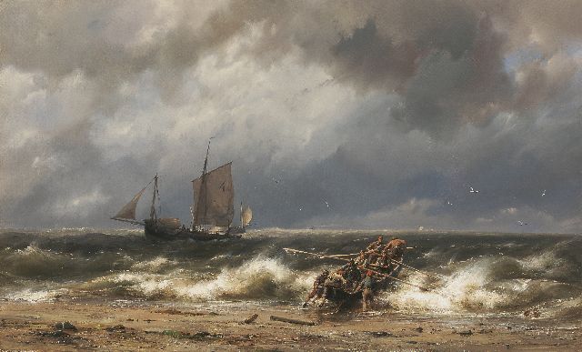 Hermanus Koekkoek | Zeilschepen en sloep onder de kust bij storm, olieverf op doek, 46,1 x 76,6 cm, gesigneerd m.o.