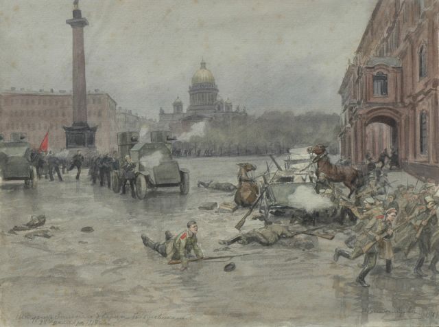 Ivan Alexejevitsj Vladimiroff | De Oktoberrevolutie van 1917, St.-Petersburg, aquarel op papier op karton, 25,7 x 34,5 cm, gesigneerd r.o. en gedateerd 1918