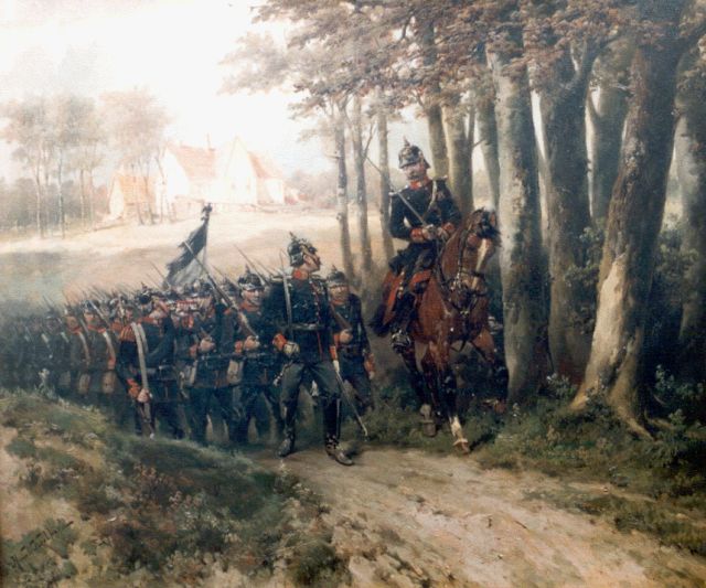Koekkoek H.W.  | Pruisische infanterie op mars, olieverf op doek 56,5 x 66,0 cm, gesigneerd l.o. en te dateren ca. 1890