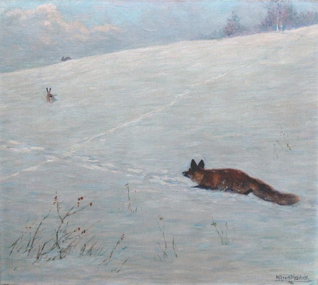 Alfred Mailick | Op jacht in de sneeuw, olieverf op doek, 41,1 x 46,2 cm, gesigneerd r.o. en gedateerd '16