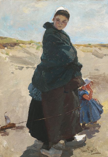 Hans von Bartels | Mijmering: vissersvrouw met kind op het strand van Katwijk, olieverf op doek, 47,6 x 33,3 cm, gesigneerd r.o.