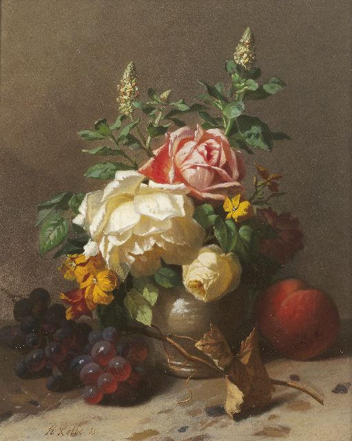 Henri Alexander Robbe | Bloemstilleven met druiventros en perzik, olieverf op paneel, 40,6 x 32,7 cm, gesigneerd l.o. en gedateerd '55