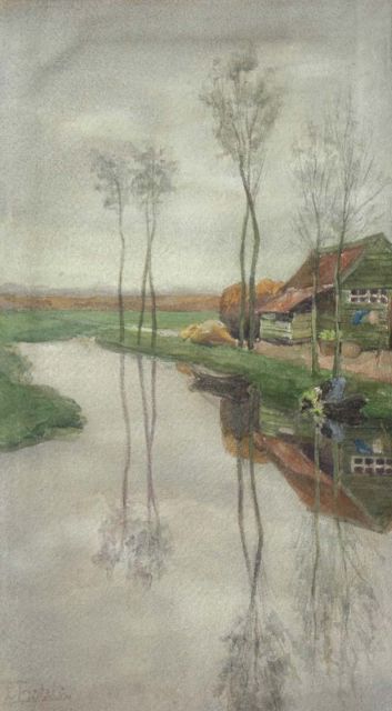 Louise Fritzlin | Boerderij met bomen aan het water, aquarel op papier, 37,5 x 21,4 cm, gesigneerd l.o.