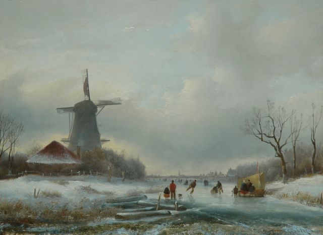 Jan Jacob Spohler | Schaatspret bij een molen, olieverf op paneel, 29,6 x 40,5 cm