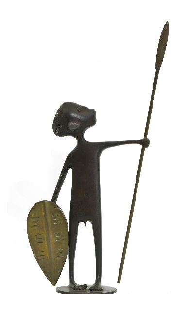 Werkstätte Hagenauer Wien   | Jonge Afrikaanse krijger, messing 23,7 x 11,0 cm, gesigneerd op onderzijde en te dateren ca. 1930