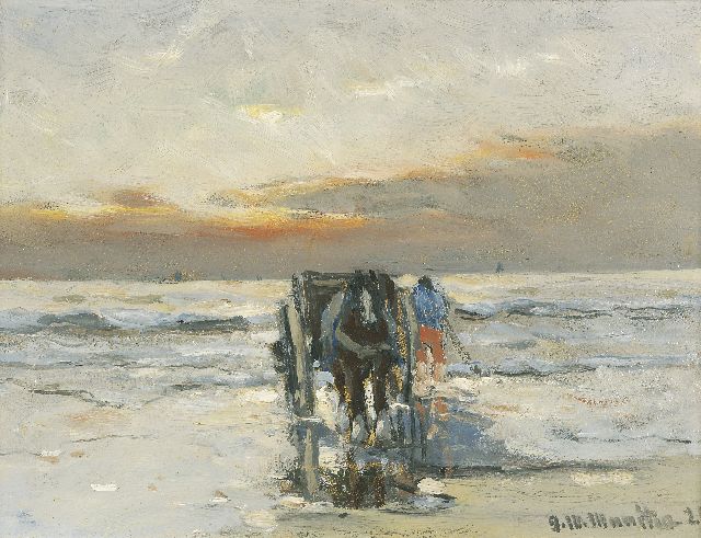 Morgenstjerne Munthe | Schelpenvisser met kar en paard op het strand, olieverf op schildersboard, 18,3 x 24,3 cm, gesigneerd r.o. en gedateerd '21