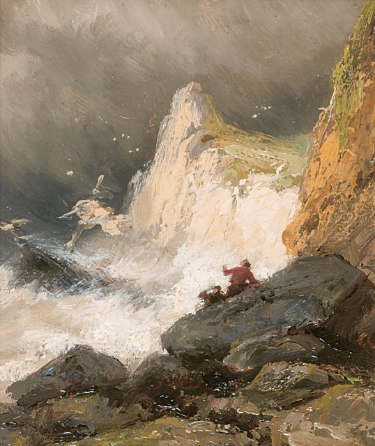 Jan H.B. Koekkoek | Schipbreuk in vliegende storm, olieverf op paneel, 11,1 x 9,1 cm, gesigneerd resten van signatuur
