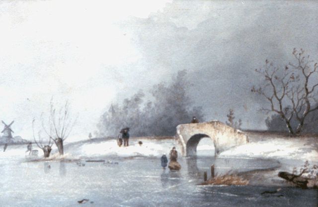 Louis Apol | IJsgezicht met figuren bij een brug, aquarel op papier, 22,3 x 32,3 cm, gesigneerd l.o. en te dateren ca. 1867