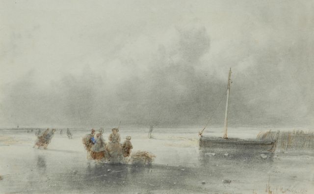 Andreas Schelfhout | Bevroren riviermonding met schaatsers en wandelaar met slede, pen, inkt en aquarel op papier, 12,0 x 18,5 cm, gesigneerd r.o.