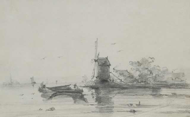Andreas Schelfhout | Rivierbocht met molen, potlood op papier, 16,8 x 24,6 cm, gesigneerd r.o. en gedateerd 1848