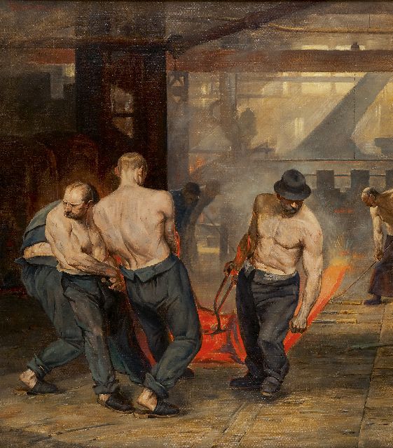 Porten H.V. v.d. | Arbeiders in een staalwalserij, olieverf op doek 80,2 x 70,2 cm, gesigneerd l.b.