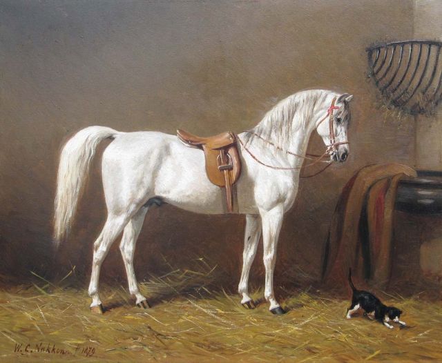 Willem Carel Nakken | Schimmel in een stal, olieverf op paneel, 39,7 x 48,0 cm, gesigneerd l.o. en gedateerd 1879