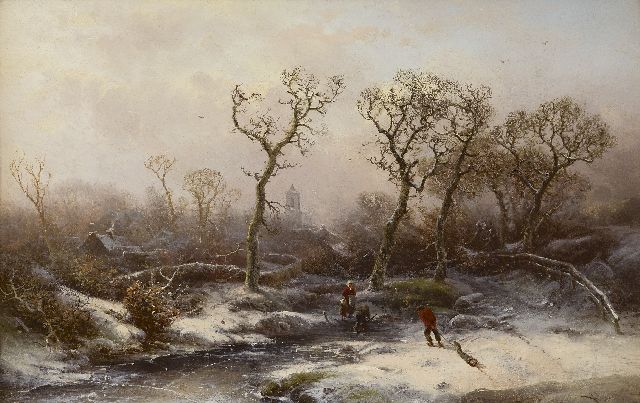 Pieter Kluyver | Winterlandschap met houtsprokkelaars, olieverf op paneel, 30,8 x 47,6 cm, gesigneerd r.o.