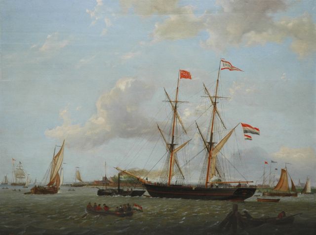 Casparus Johannes Morel | De brik Louisa op weg naar open water (pendant van 10880), olieverf op paneel, 37,5 x 50,1 cm, gesigneerd r.o. en gedateerd 1855