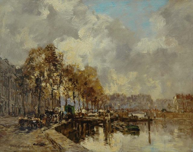 Johan Hendrik van Mastenbroek | Gezicht op de Nieuwe Haven bij de Koestraat, Rotterdam, olieverf op doek, 28,0 x 35,3 cm, gesigneerd l.o. en gedateerd 1919