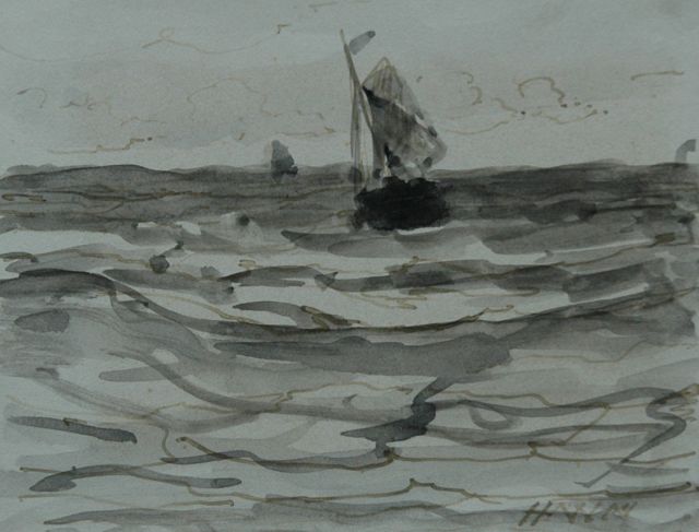 Hendrik Willem Mesdag | Bomschuit op volle zee, penseel in zwarte inkt en aquarel op papier, 8,7 x 11,2 cm, gesigneerd r.o. met initialen en verso gedateerd 's January 1893'