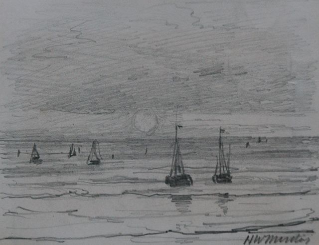 Hendrik Willem Mesdag | Vissersschepen voor de kust, potlood op papier, 8,7 x 11,2 cm, gesigneerd r.o.