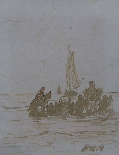 Hendrik Willem Mesdag | Het opwachten van de vloot, pen in bruine inkt op papier, 11,2 x 8,7 cm, gesigneerd r.o. met initialen