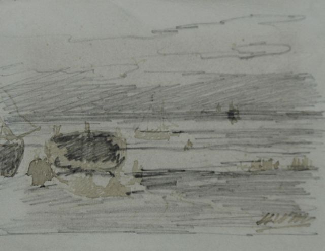 Hendrik Willem Mesdag | Vissersvolk en bommen op het strand, potlood, pen in bruine inkt op papier, 8,7 x 11,2 cm, gesigneerd r.o. met initialen